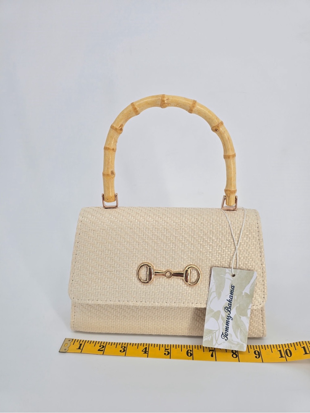 Tommy Bahama Cream Woven Satchel with Bamboo Handle
